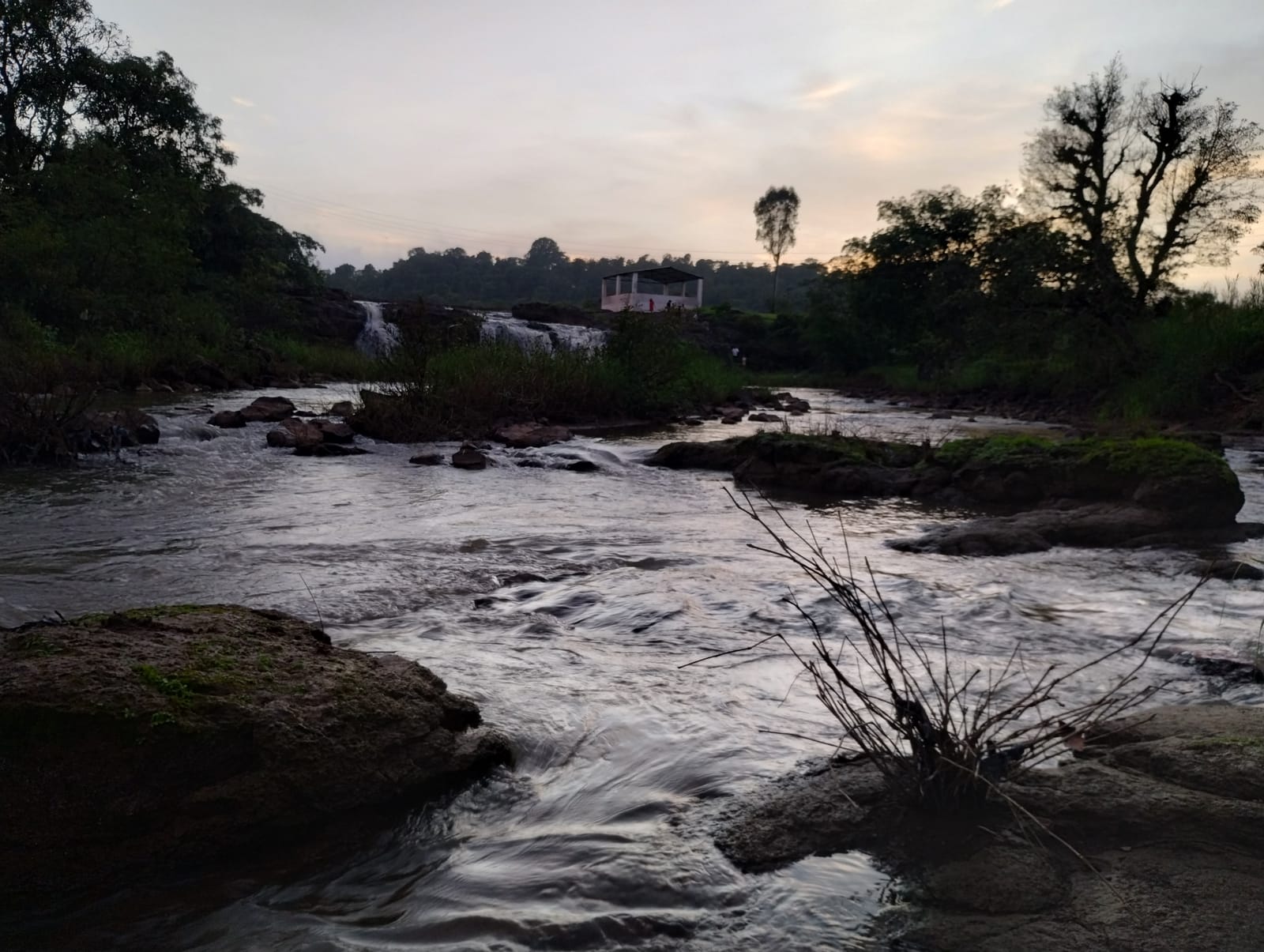 The dam waterfall near Hatgad, just before dark. Not another group in sight.